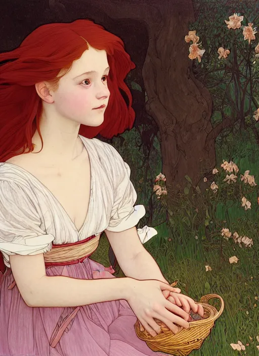 Prompt: young girl resembling alicia vikander with long red hair, wearing a dress, playing with her doll on the wooden floor in an old wooden house, path traced, highly detailed, high quality, digital painting, by studio ghibli and alphonse mucha, leesha hannigan, hidari, art nouveau, chiho aoshima, jules bastien - lepage