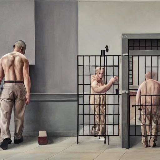 Image similar to hyperrealism painting of prisoners scheming to escape prison while guards are distracted