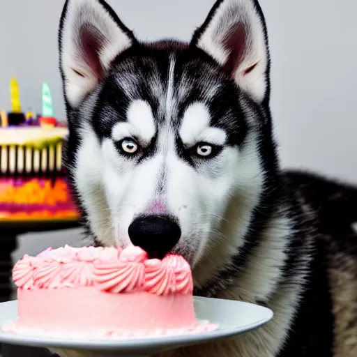 Image similar to a high - quality photo of a husky with a birthday cake, f 3. 5, sharpened, iso 2 0 0, food photography