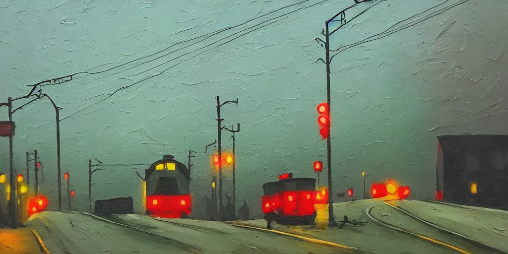 Image similar to impasto landscape, globs of paint, twin peaks washington, pike place, north bend, foggy, lonely!!! quiet, glowing green and red street lights, railroad crossing