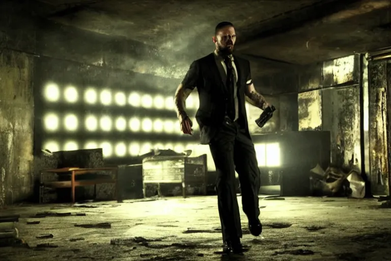 Image similar to film still of Tom Hardy as Max Payne at Club RagnaRock in the Max Payne movie, 4k