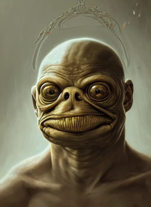 Image similar to 4 chan pepe, sad, portrait, intricate, elegant, highly detailed, digital painting, artstation, concept art, wallpaper, smooth, sharp focus, illustration, art by h. r. giger and artgerm and greg rutkowski and alphonse mucha