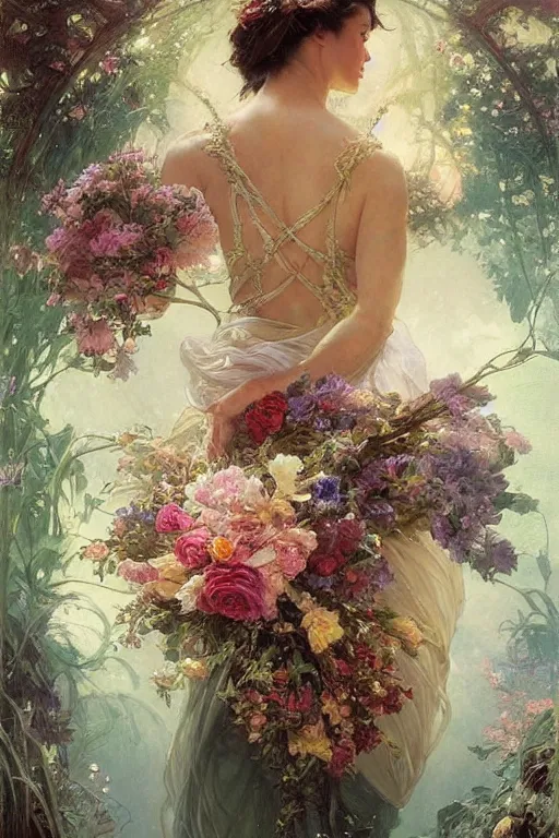 Image similar to portrait of a beautiful mysterious woman holding a bouquet of flowing flowers, hands hidden under the bouquet, lying in a pool of water, fantasy, regal, intricate, by stanley artgerm lau, greg rutkowski, thomas kindkade, alphonse mucha, loish, norman rockwell