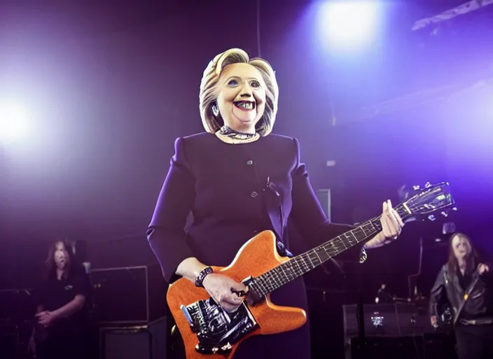 Image similar to publicity photo still of hillary clinton in a death metal band playing live on stage, 8 k, live concert lighting, mid shot