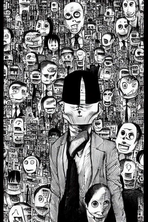 Image similar to junji ito illustration of an orange-headed businessman, creepy face, cyberpunk city