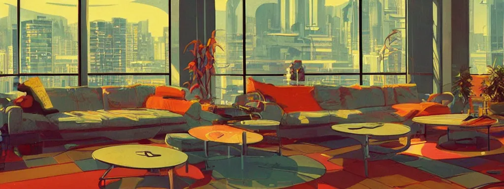 Prompt: concept art, retro - futurist penthouse, reflections, night lighting, designer furniture, high ceiling, 6 0 s colour palette, plants, flowers, floor lamps, multi - level, soft lighting, city view, bladerunner, james jean, syd mead, akihiko yoshida, cinematic