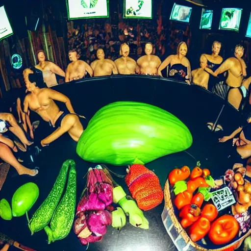 Prompt: a photo of a nightclub. fat men in swimsuits and giant fruit and vegetables all over the floor.