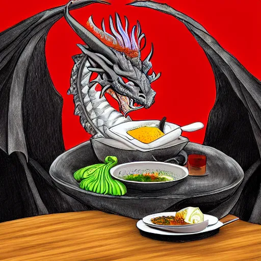 Image similar to Funny Dragon eating russian borsch soup on the Red Square, digital art