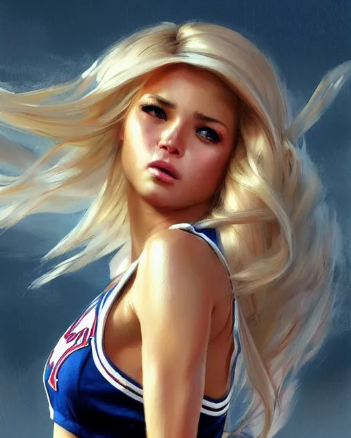 Image similar to epic portrait cinematic shot an cheerleader taunting, stadium backround, shiny skin, flowing blonde hair, fine details. night setting. realistic shaded lighting poster by craig mullism, artgerm, jeremy lipkin and michael garmash, unreal engine, radiant light, detailed and intricate environment, digital art, trending on art station,
