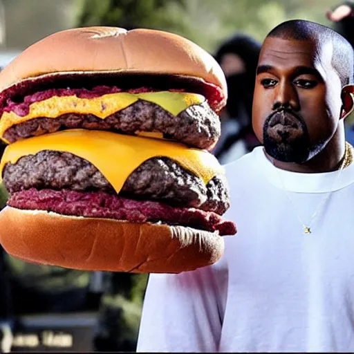 Prompt: kanye west sitting on a giant cheeseburger