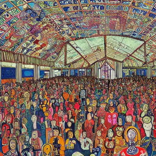 Image similar to A beautiful mixed media art of a large room with many people in it. There is a lot of activity going on, with people talking and moving around. The room is ornately decorated and there is a large window at one end. parchinkari inlay by Grayson Perry, by Edvard Munch loose
