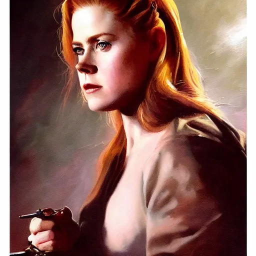 Image similar to ultra realistic portrait painting of amy adams as a western outlaw, art by frank frazetta, 4 k, ultra realistic, highly detailed, epic lighting