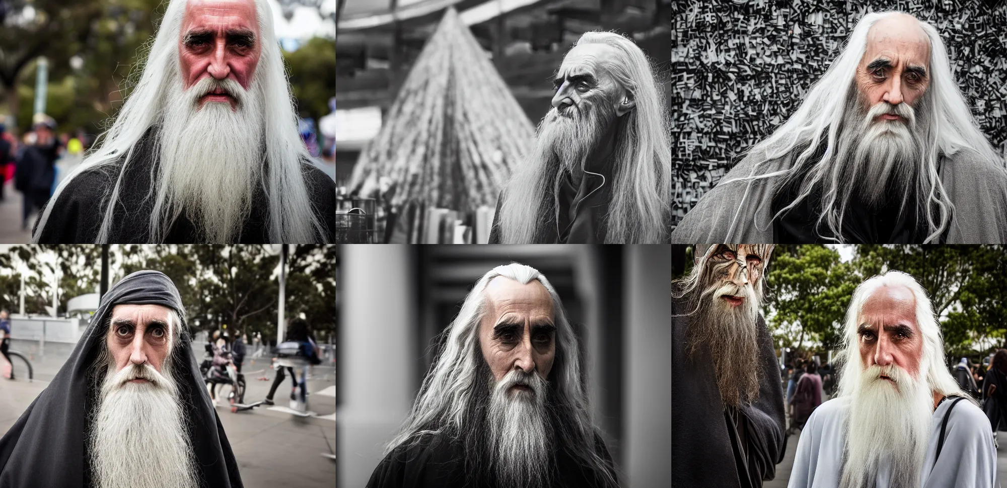 Prompt: Saruman from Lord of the Rings the homeless wizard selling magazines at the MCG in Melbourne, portrait photography, depth of field, bokeh