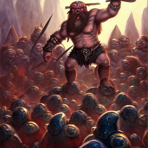 Image similar to painting of a single dwarven berserker facing a crew of crazy goblin warriors in deadly combat on a gladiator pit, sharp focus, high symmetry, award - winning, trending on artstation, masterpiece, highly detailed, intricate. art by terese nielsen