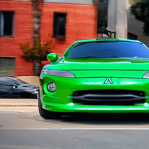 Image similar to a redhead woman driving a Jada toys mitsubishi eclipse green diecast car, high resolution macro photo, viewed through the cars window