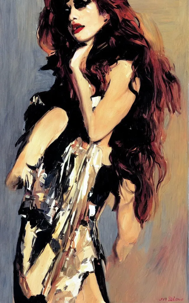 Image similar to portrait of a glam rocker in the style of syd mead and john william waterhouse