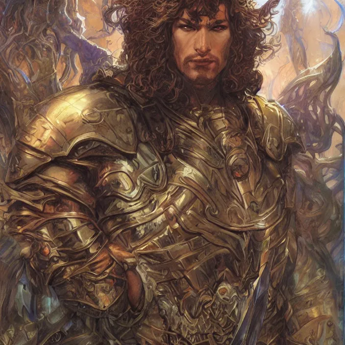 Prompt: a fantasy comic book style portrait painting of a male paladin, art by donato giancola and bayard wu and gustav moreau and wayne barlowe