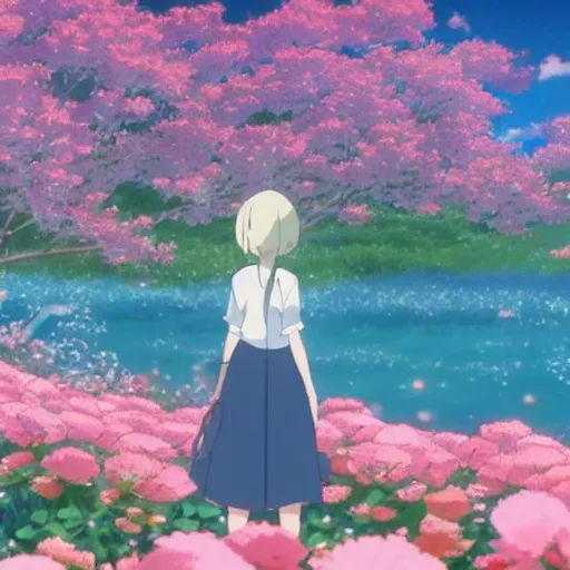 Image similar to the back view of an anime girl with medium and long hair standing in the sea of roses, relaxing, calm, cozy, peaceful, by mamoru hosoda, hayao miyazaki, makoto shinkai