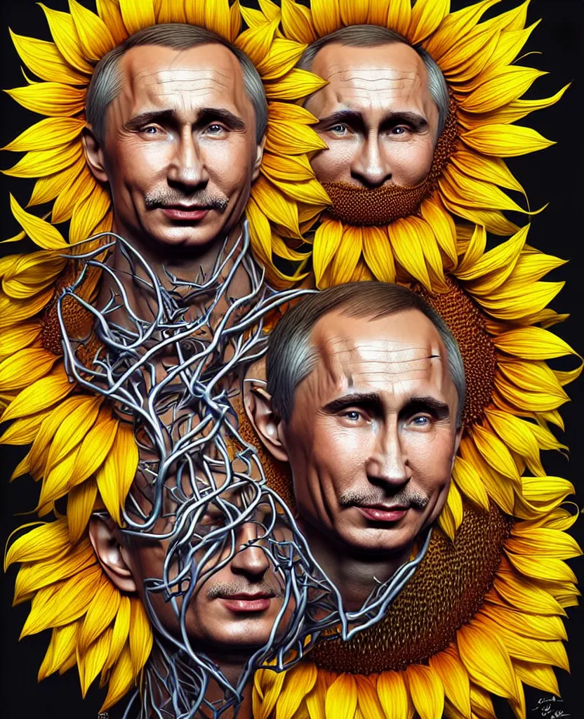 Image similar to digital art, centered full body of young any old Putin smiling king, Sunflower crown, ,intricate, veins, by James Jean and by artgerm , by ross tran ultradetailed, charachter design, concept art, trending on artstation,