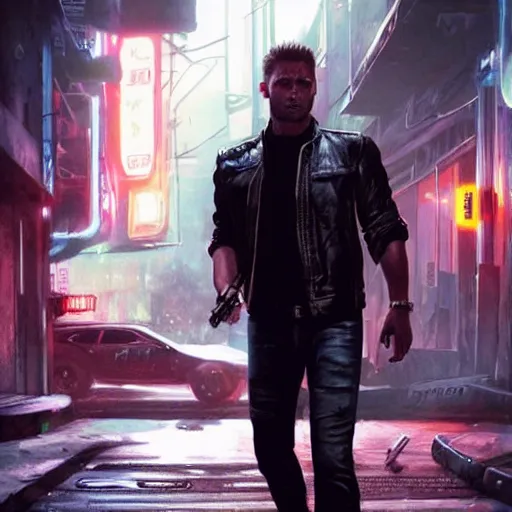 Image similar to a detailed sci fi concept art of an extremely handsome jensen ackles as the terminator walking down a dark alley in cyberpunk 2 0 7 7, holding two sawed off shotguns, volumetric lighting, octane render, 8 k, art by greg rutkowski and albert bierstadt and alphones mucha