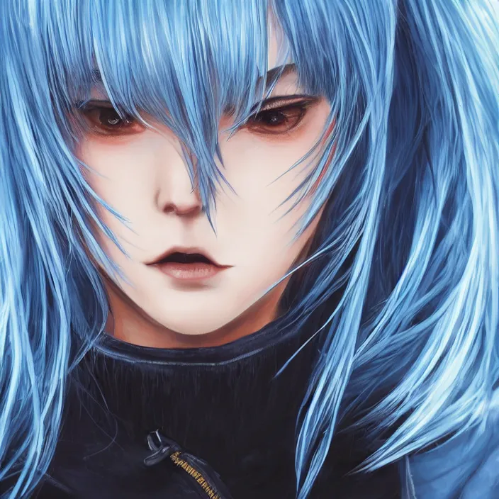 Image similar to full face shot of rimuru tempest, sky blue straight hair, long bangs, with amber eyes, wearing a black jacket, high collar, ultra detailed, concept art, award winning photography, digital painting, cinematic, wlop artstation, closeup, pixiv, evil, yoshitaka amano, andy warhol, ilya kuvshinov,