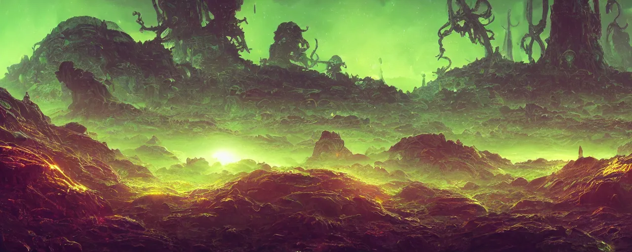 Image similar to ” alien landscape with slimy shiny surfaces, [ cinematic, detailed, epic, widescreen, opening, establishing, mattepainting, photorealistic, 4 k, octane render, art by paul lehr ] ”