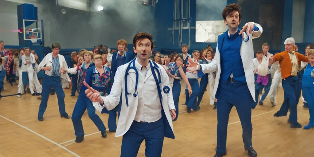 Prompt: promotional image of David Tennant as Doctor Who at a polka dancing contest at the YMCA basketball gym, everyone in the background all the enemies are clapping, in the background the Tardis door is wide open, movie still, promotional image, imax 70 mm footage, HDR, cinematic