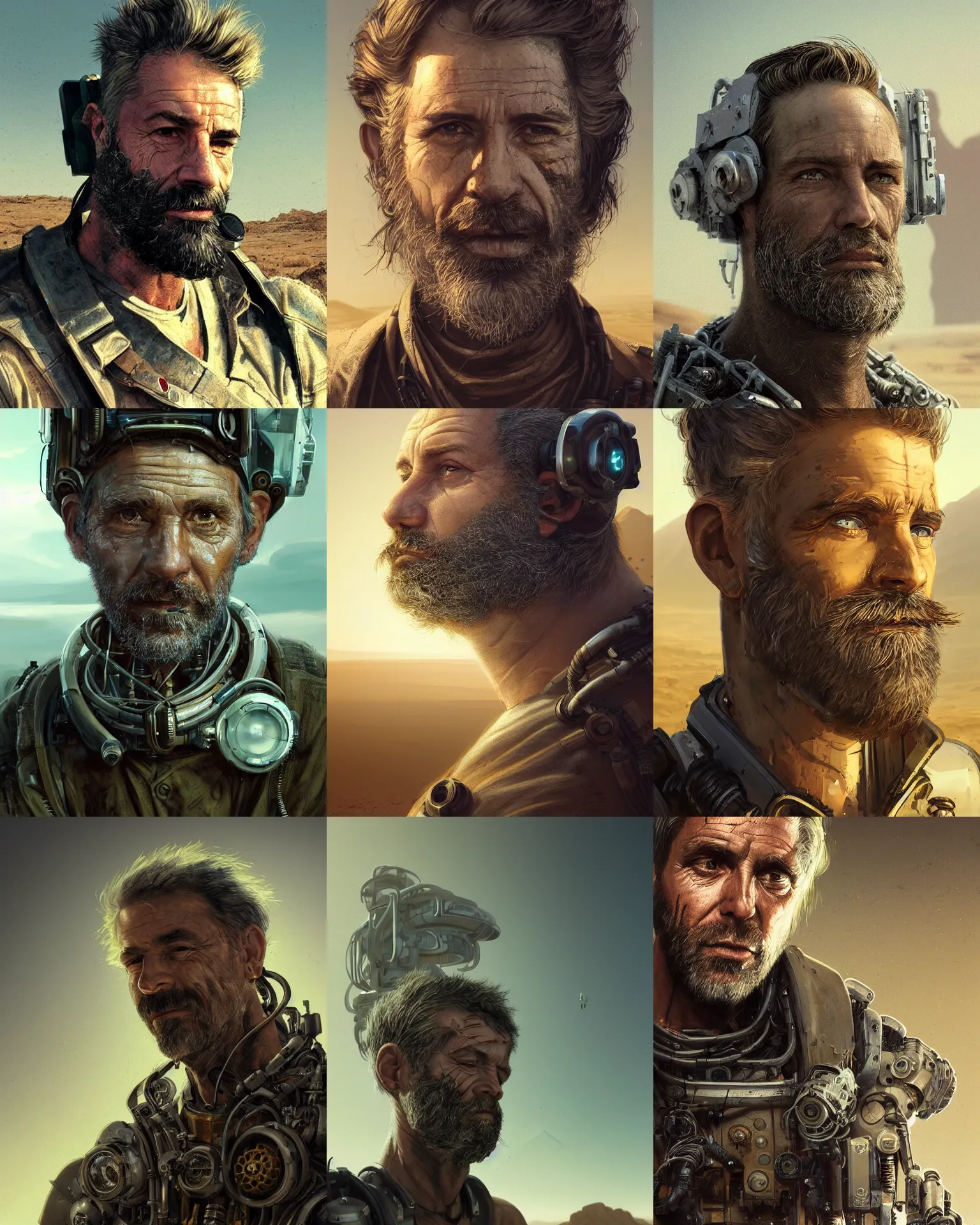 Prompt: a rugged middle aged engineer man with cybernetic enhancements and funky hair lost in the desert, clear face, short beard, scifi character portrait by greg rutkowski, esuthio, craig mullins, green eyes, 1 / 4 headshot, cinematic lighting, dystopian scifi gear, gloomy, profile picture, mechanical, half robot, implants, steampunk