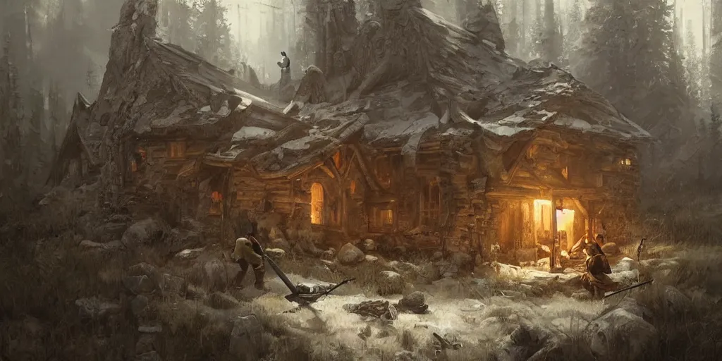 Image similar to a painting of a medieval hunter aiming at a man with his rifle inside a log cabin by greg rutkowski, dark fantasy art, high detail, trending on artstation