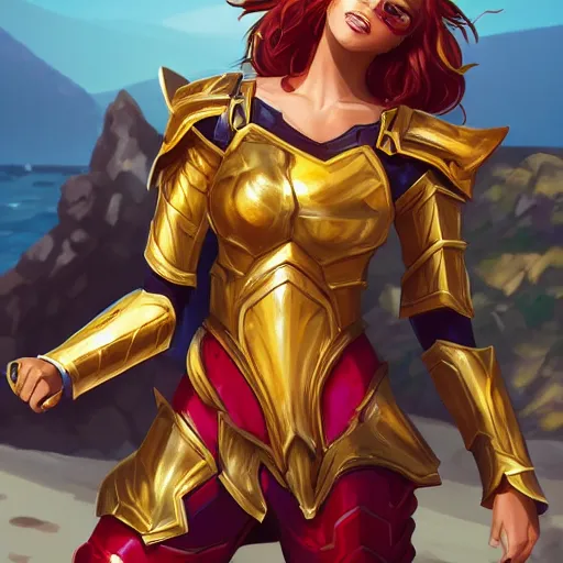 Image similar to leona from league of legends wearing gold and scarlet armor drinking pepsi max on a hot summer day at the beach. she is wearing wearing gold and scarlet armor. digital illustration, trending on artstation, highly detailed, excellent beautiful lighting,