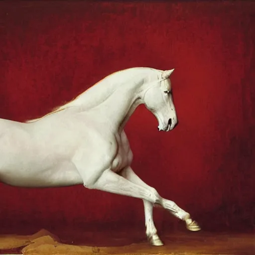 Prompt: an all white horse, with no facial features, like a white mask pulled over their face, full body laying in a blood red pool of water between a golden mirror frame, inspired by the bohemian grove sacrifice ritual and outside the mirror frame is a deep space, physically accurate, dynamic lighting, intricate, elegant, highly detailed, very very Roberto Ferri, sharp focus, very very unsettling, very terrifying, illustration, art