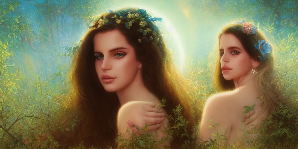 Image similar to big-eyed Lana Del Rey staring into the camera, sundown misty firefly wisps, Lilia Alvarado, Sophie Anderson, Mark Arian, Bob Byerley, Charlie Bowater, Mark Brooks, Steve Henderson, Justin Gerard, Arthur Hughes, Edward Robert Hughes, Mark Keathley, Victor Nizovtsev, Carlos Shwabe, Ross Tran, WLOP