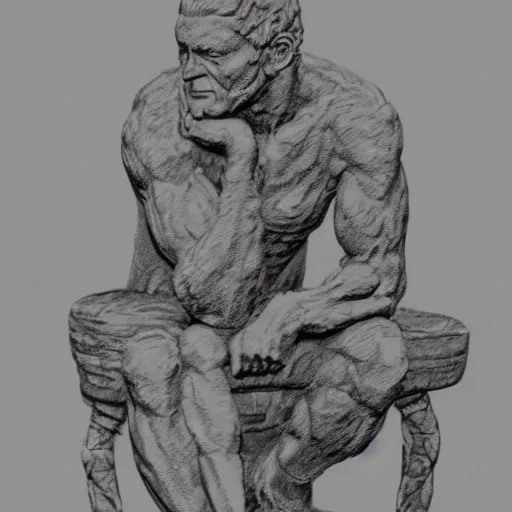 Prompt: scratch sketch of The thinker sculpture in the style of William Bartram with mushrooms at the base