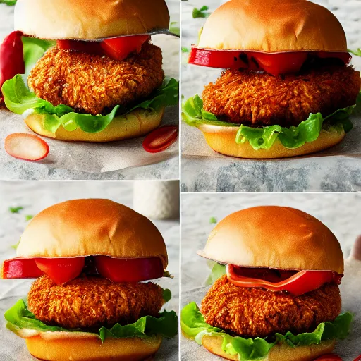 Image similar to a spicy crispy chicken burger, food photography, detailed, yum