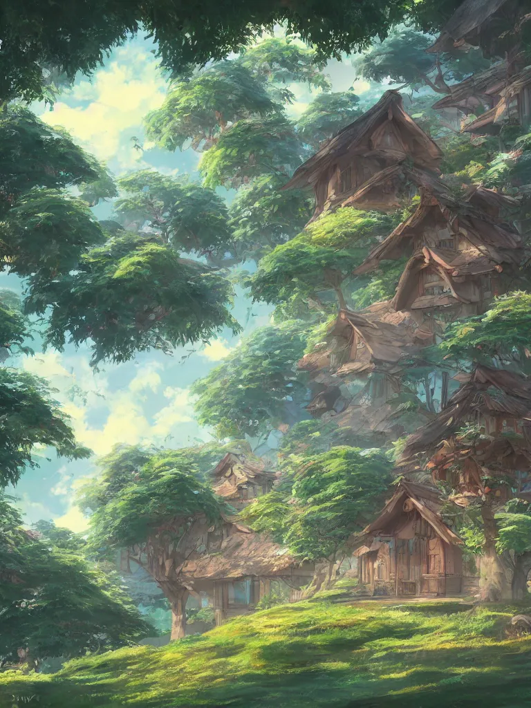 Image similar to a beautiful painting of a gucci cottage tree house, anime landscape, morning light, in the style of ross tran, studio ghibli and kay john yim, cgsociety highly detailed, 8 k