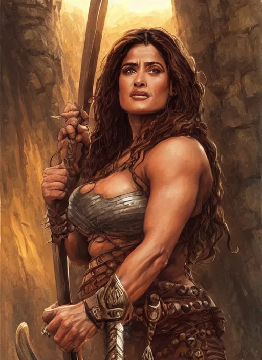Prompt: portrait of very muscled Salma Hayek as barbarian with axe drawn hiding from a few scary creepy mummies, elegant, highly detailed, centered, digital painting, artstation, concept art, artgerm, donato giancola, Joseph Christian Leyendecker, WLOP, Boris Vallejo, Artgerm