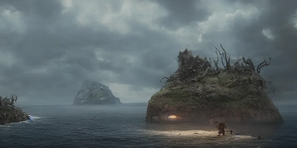 Prompt: screenshot from a movie, epic matte painting of an island, cinematic cinematography masterpiece, skull, greg rutkowski, and ivan aivazovski, roger deakins