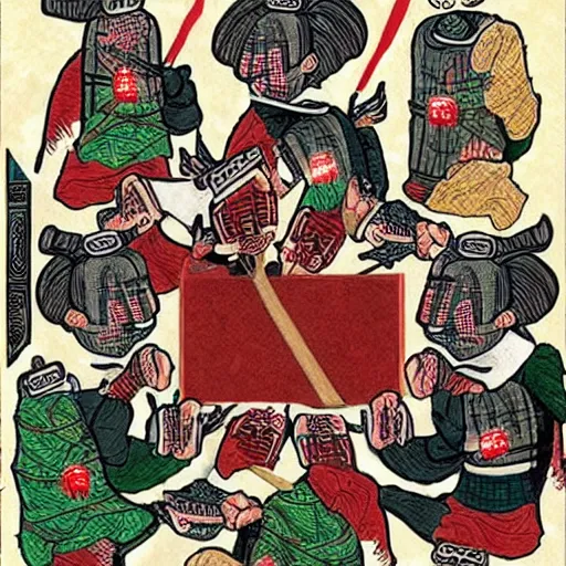 Image similar to there was once a samurai who multiples 4 7 times. each time he multiplied parts of his body became a pepper. each finger held 4 7 cards and then each card was stolen by aliens who hitchhiked a ufo with christmas lights and laughed so hard that they fell off to planet mars! ultrarealistic 1 5 0 mpx