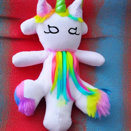 Image similar to a happy unicorn, plush doll, 8 k