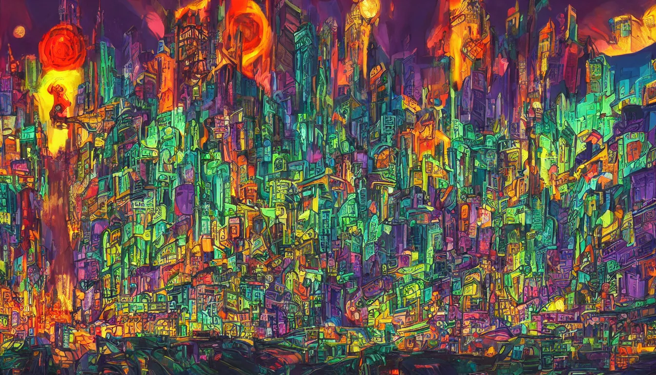 Image similar to surreal colorful nightmarish cityscape, 4k artwork by Ralph Bakshi