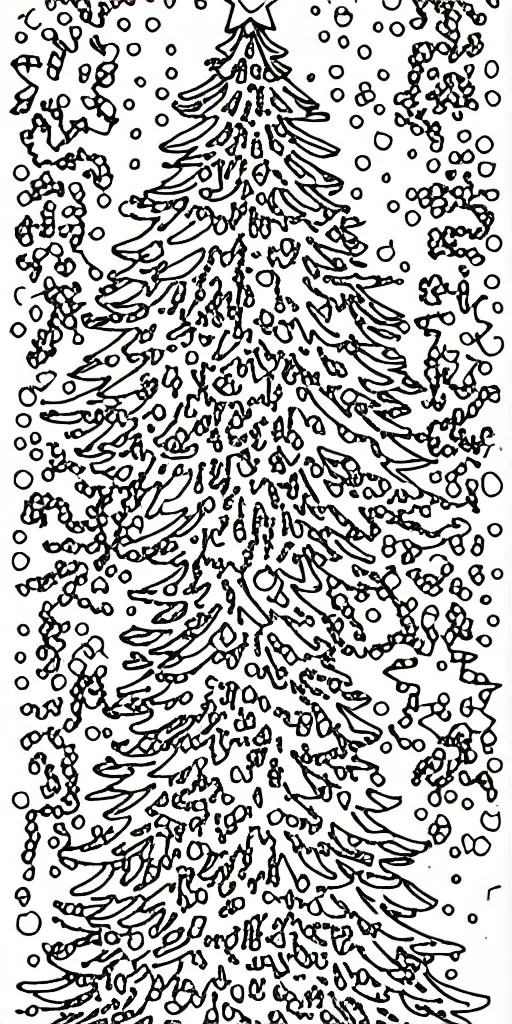 Prompt: black and white coloring book page of christmas trees, christmas decorations and candy canes