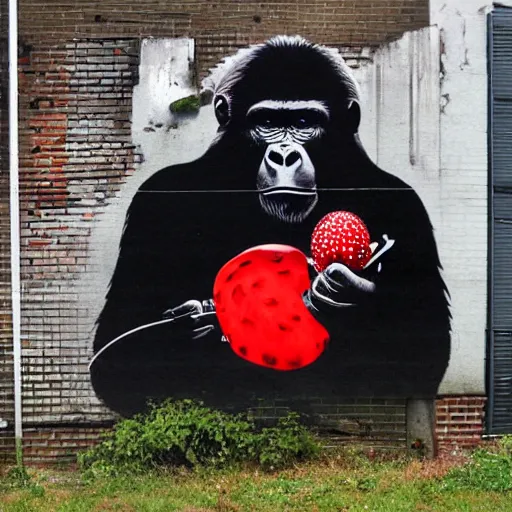 Prompt: gorilla wearing red headphones, holding a amanita muscaria, made by banksy