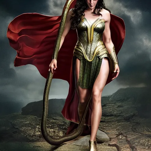 Prompt: Full body photo of the beautiful woman Gal Gadot as Medusa the greek goddess, she has those characteristic snakes coming out of her head, she is looking straight to the camera, she has a glow coming from her, she is getting illuminated for rays of light, behind her is a scary atmosphere, the photo was taking by Annie Leibovitz, matte painting, oil painting, naturalism, 4k, 8k