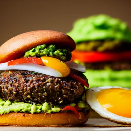 Prompt: juicy vegan hamburger topped with guacamole, fried onion and a vegan fried egg, crispy buns, 8 k resolution, professional food photography, studio lighting, sharp focus, hyper - detailed