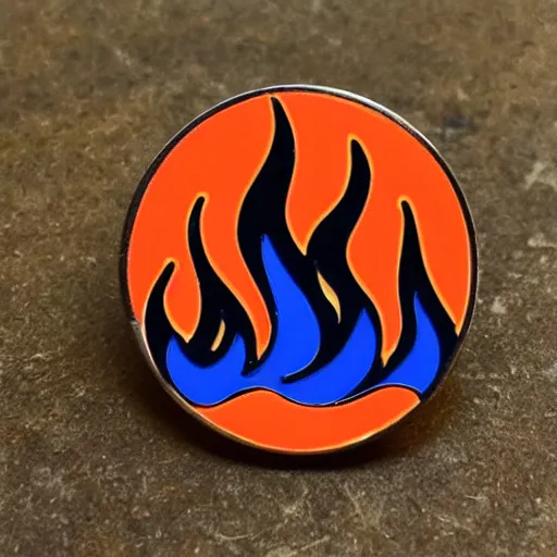 Prompt: vintage minimalistic clean roaring windy fire flame warning enamel pin