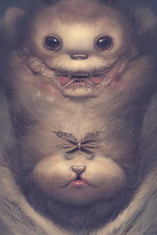 Image similar to a portrait of a fatty cute japanese devil animal illustrated by miyazaki by karol bak, james jean, tom bagshaw, rococo, sharp focus, trending on artstation, cinematic lighting, hyper realism, octane render, 8 k, hyper detailed, vivid, ultra detailed, highly detailed