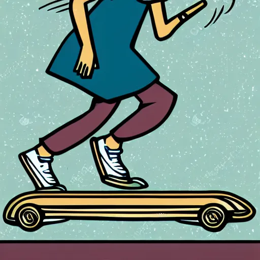 Image similar to illustrator graphic of a teenage girl pushing a skateboard elevation side view