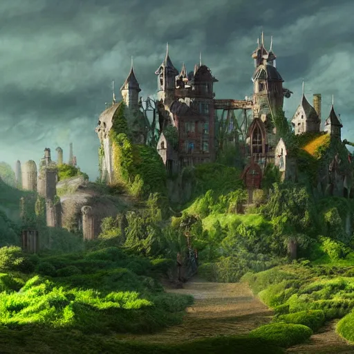 Image similar to a hyperrealistic digital matte painting of a verdant fantasy countryside, very far royal steampunk castle, highly detailed, trending on artstation