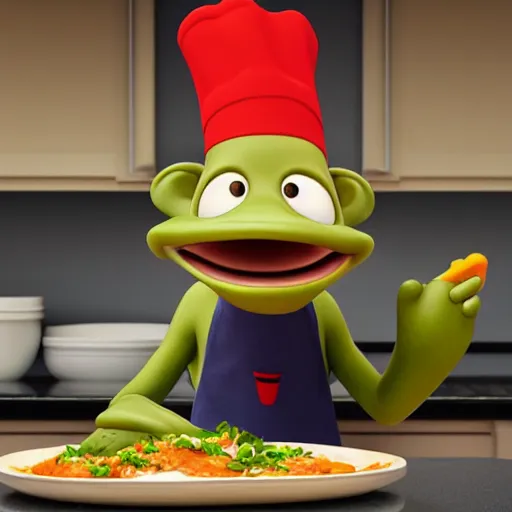 Image similar to pixar style cute platypus on a kitchen wearing a chef hat and holding a lasagna into an over, with three basil leaves over the lasagna, pixar style, 3 d, ratatouille style