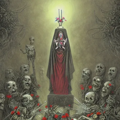 Image similar to santa muerte in a rose garden being worshipped by a mexican death cult through a ritual, by anton semenov and gustave dore and guillermo del torro in a surreal dark horror style, oil on canvas, 8k, hd,